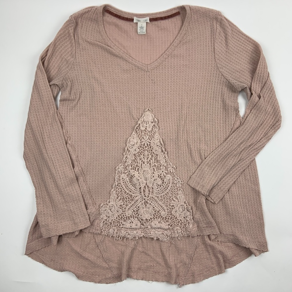Clover And Scout Sweater Womens Med V Neck Long Sleeve Longer Back Crochet Pink